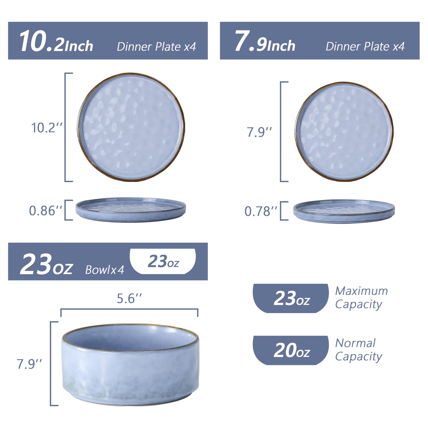 Vesteel Dinnerware Sets, 12-Piece Stoneware Plates and Bowls Set, Dishes Set for 4, Elegant Ceramic Dinnerware for Home Restaurant - Uranus Blue