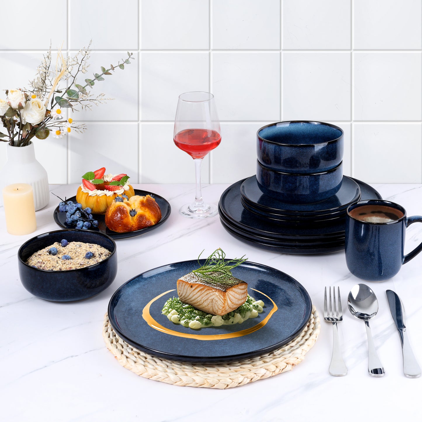 Vesteel 16-Piece Plates and Bowls Sets, Stoneware Dinnerware Sets for 4, Handmade Reactive Glaze Coupe Dishes Set, Chip & Scratch Resistant - Ocean Blue