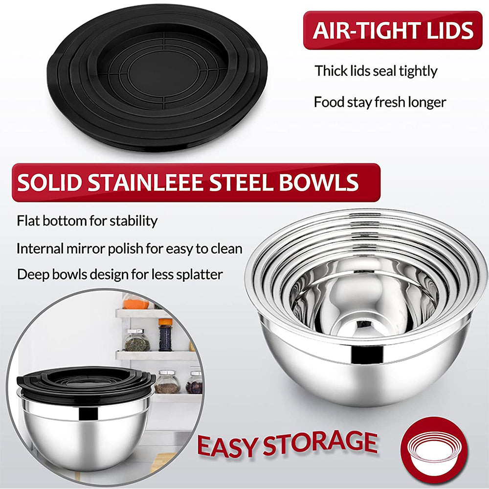 Mixing Bowls with Lids Set of 5, Vesteel Stainless Steel Mixing Bowls Metal Nesting Salad Bowls, Size 4.5, 3, 1.5, 1, 0.7 QT Great for Cooking, Baking, Serving - Black