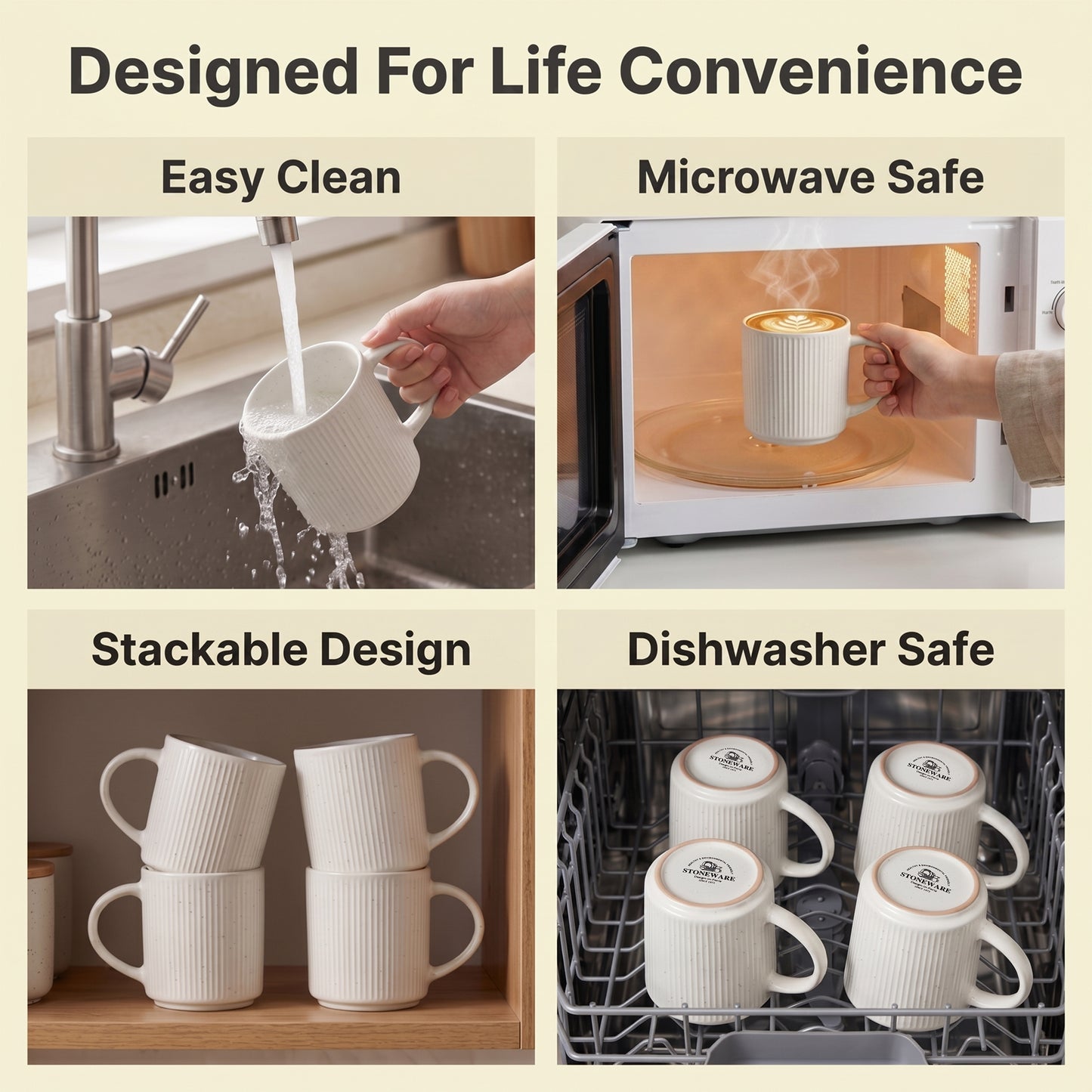 Onader 4-Pieces Coffee Mugs Set, Water Cups with Large Handle, 12 oz Ceramic Mugs Suitable for Tea Milk Latte, Stain-Resistant & Microwave Safe, Speckle White