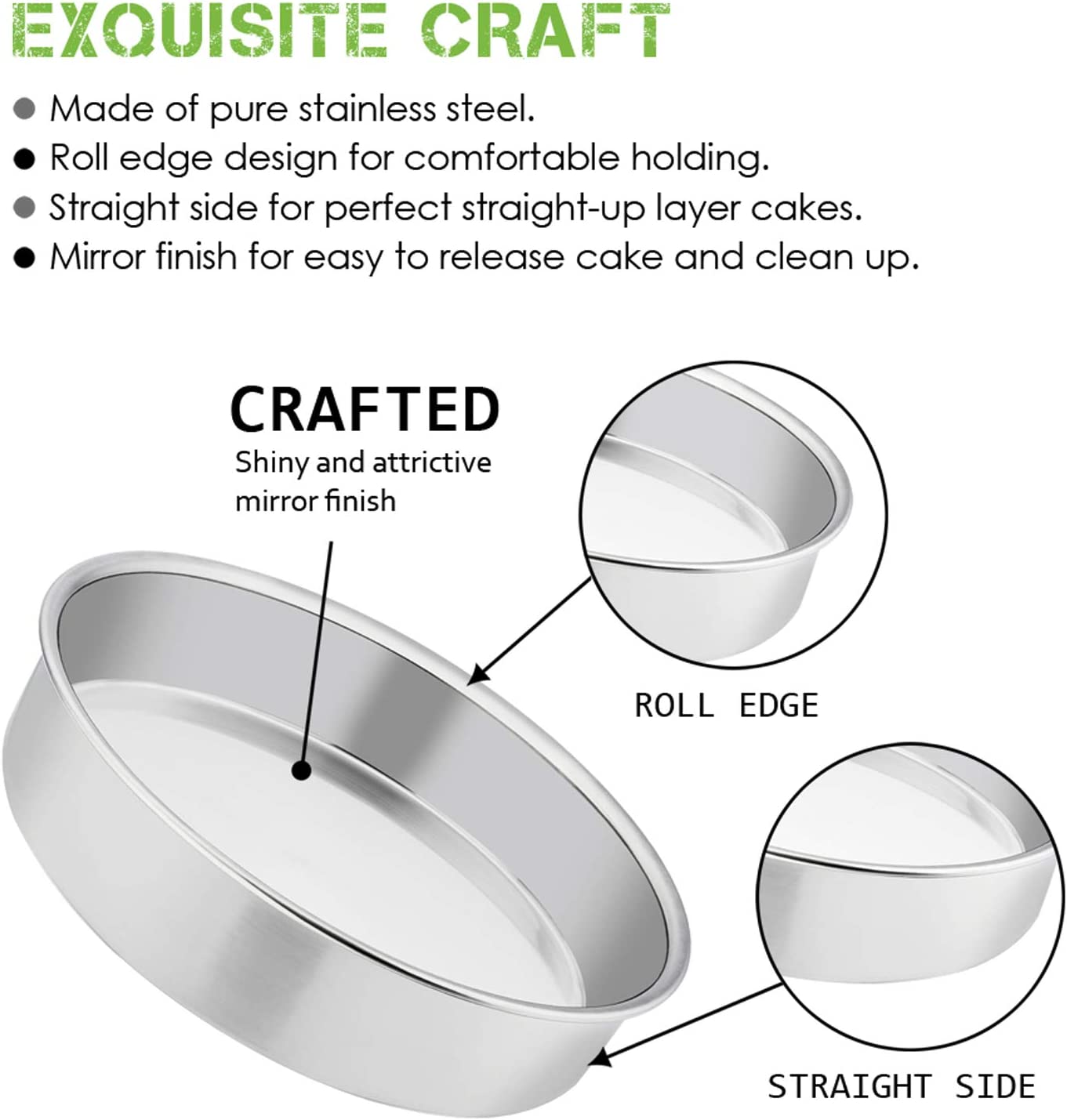 Vesteel 8 inch Cake Pan Set of 2, Stainless Steel Round Layer Cake Baking Pans, Non-Toxic & Healthy, Mirror Finish & Dishwasher Safe