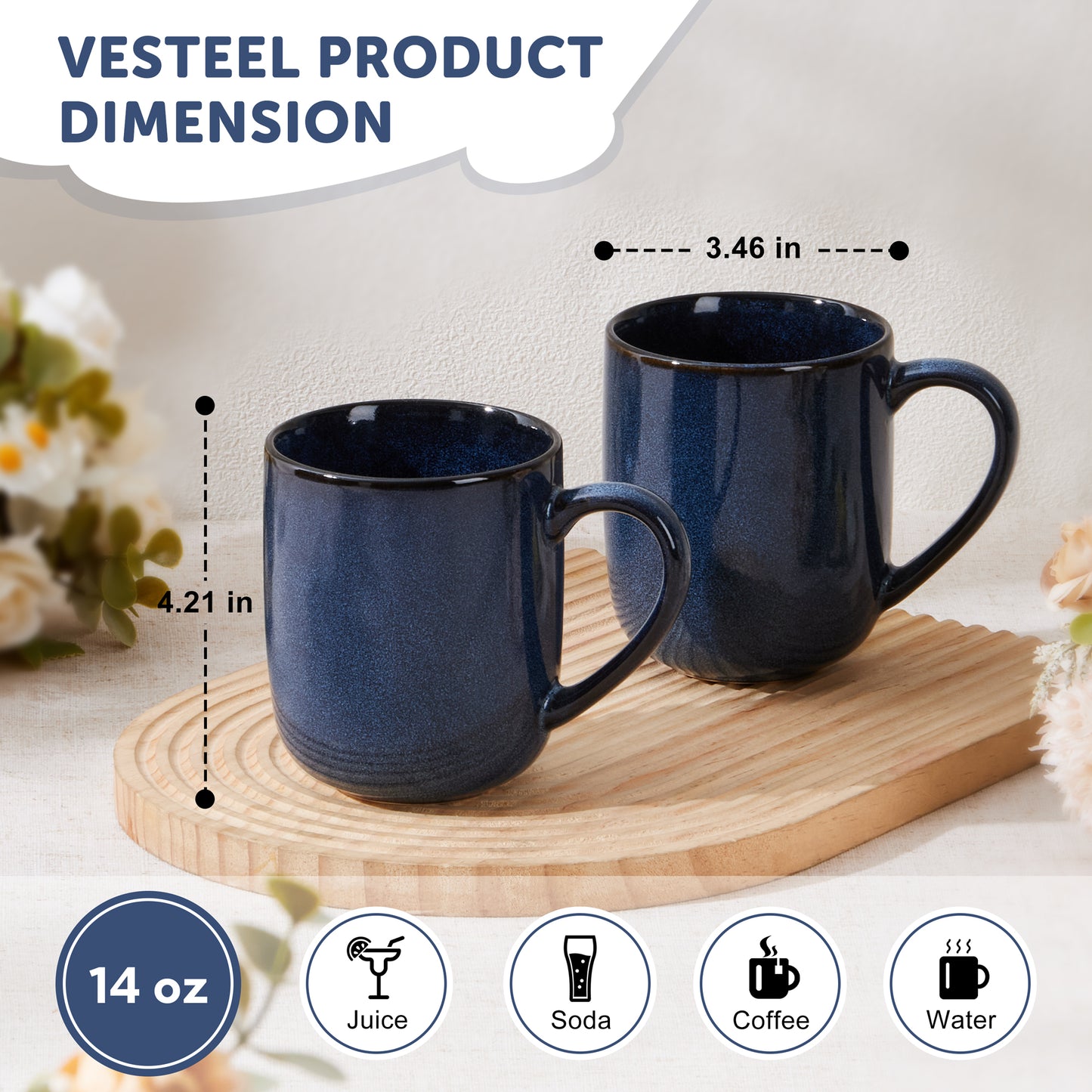 Vesteel Coffee Mug Set of 4, Ceramic Coffee Cups with Handles, 14oz Handmade Reactive Glaze Mugs set for Coffee Tea Milk, Mug Gifts for Home Office Restaurant, Ocean Blue