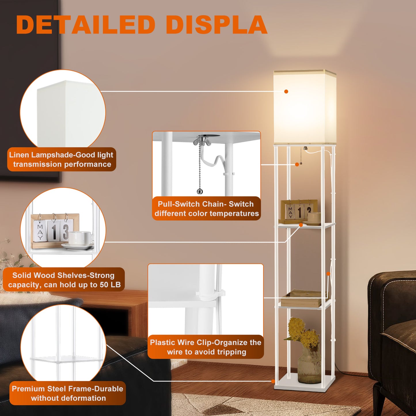 Vesteel Floor Lamp for Living Room, Standing Lamp with 3 Color Adjustable LED Bulb, Modern Square Lamp with 3-Tier Shelves for Bedroom Office Kid Room