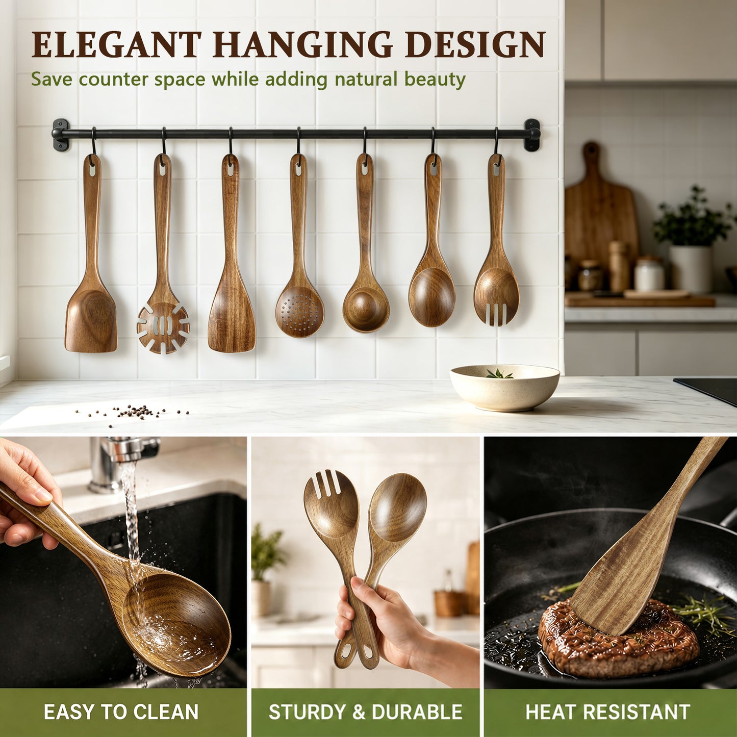 Vesteel 7-Piece Kitchen Utensil Set, Wooden Spoons for Cooking, Natural Acacia Wood Cooking Spoons and Spatulas, Heat-Resistant Cooking Utensils Safe for Nonstick Cookware & Easy to Clean