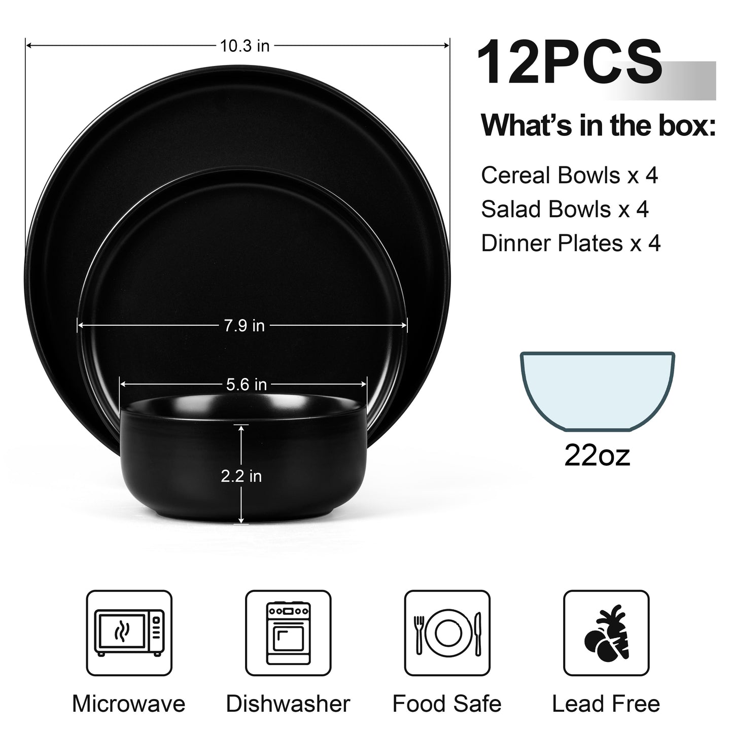 Vesteel Dinnerware Sets for 4, 12-Piece Stoneware Dish and Bowls Set, Handmade Reactive Glaze Coupe Plates Set for Family, Chip & Scratch Resistant - Matte Black