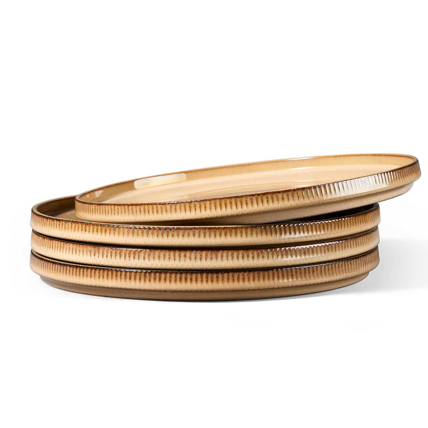 Vesteel 4 Pieces Dinner Plates Set, Premium Stoneware Ribbed Dishes, Chip & Scratch Resistant Ceramic Set for Home Restaurant, Microwave and Dishwasher Safe - Khaki