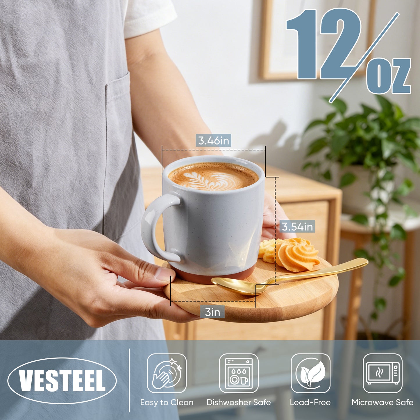 Vesteel Coffee Mugs Set of 4, 12oz Ceramic Coffee Cup with Handle, Modern Stoneware Mugs for Latte, Cappuccino, Cocoa, Dishwasher & Microwave Safe, Light Grey
