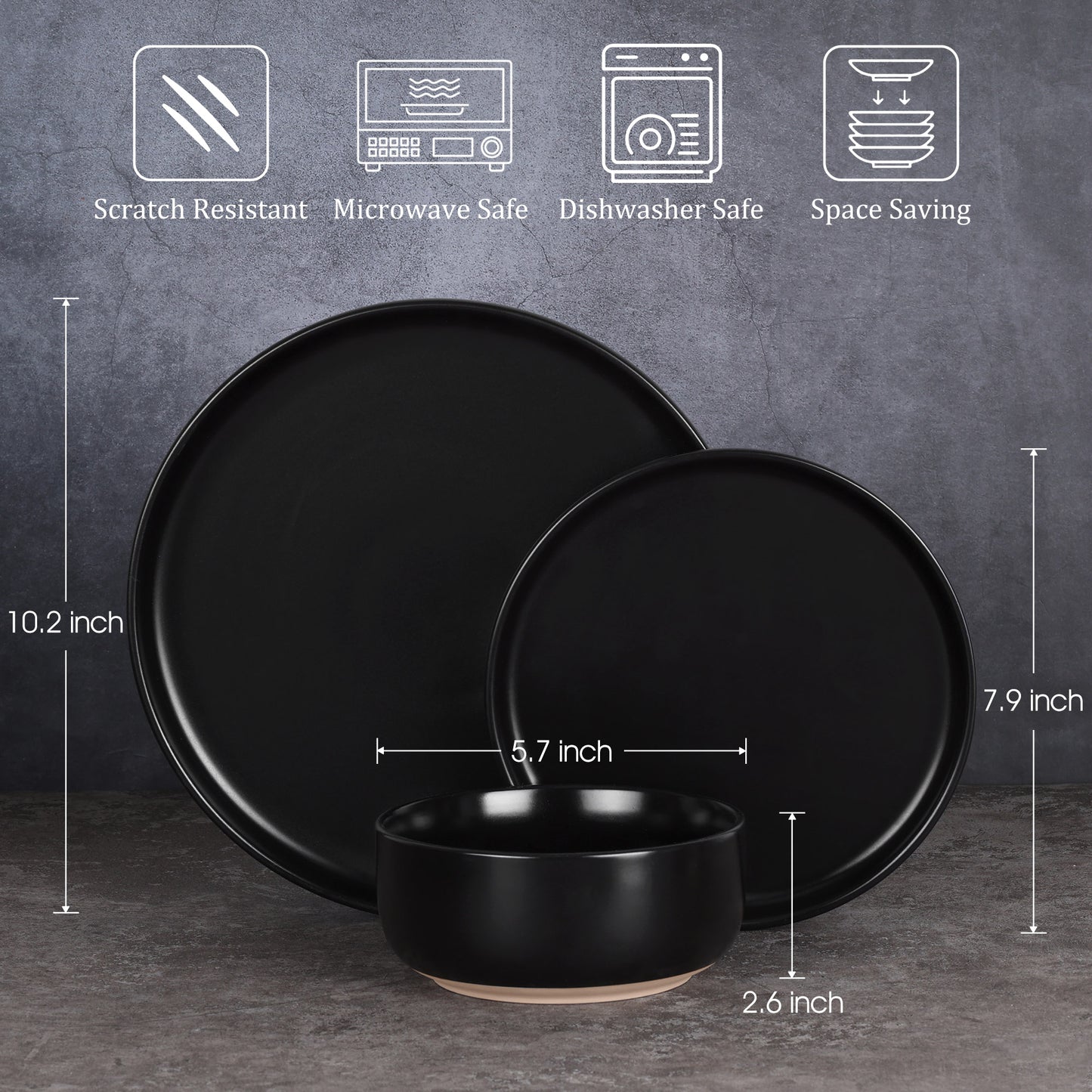 Vesteel 12-Piece Dinnerware set, Ceramic Plates and Bowls set for 4, Speckled Stoneware Dishes Set for Family, Microwave & Dishwasher Safe - Matte Black