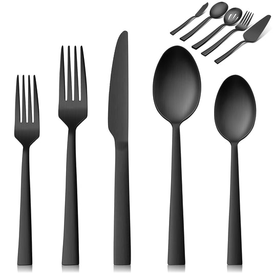 VeSteel 65Pcs Matte Black Silverware Set with Serving Utensils, Stainless Steel Flatware Set Service for 12, Metal Cutlery Eating Utensils Tableware Includes Forks/Spoons/Knives/Hostess Set