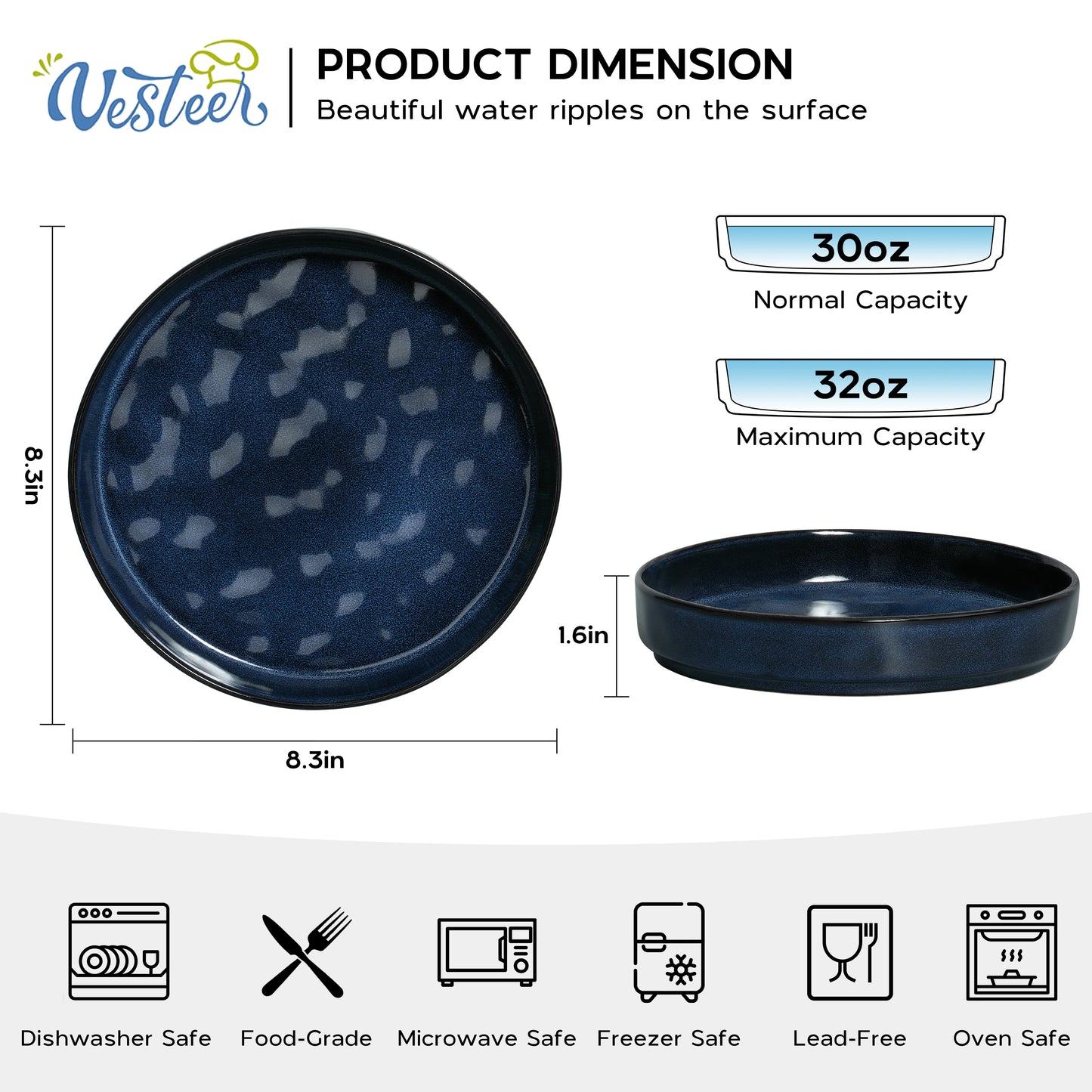 Vesteel Pasta Bowls Set of 4, 32oz Stoneware Salad Bowl, Large Dinner Bowls for Eating Serving Soup Noodle Pasta, Microwave & Dishwasher Safe, Ocean Blue
