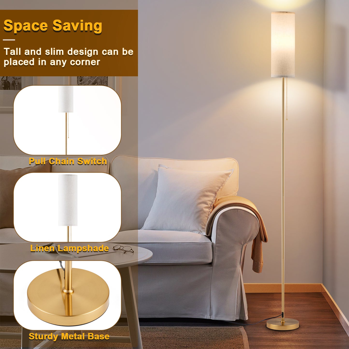Vesteel Floor Lamp for Living Room, Modern Standing Lamp with 3 Color Temperatures LED Bulb & Linen Lampshade, Pole Lamp for Bedroom Living Room Office, Gold