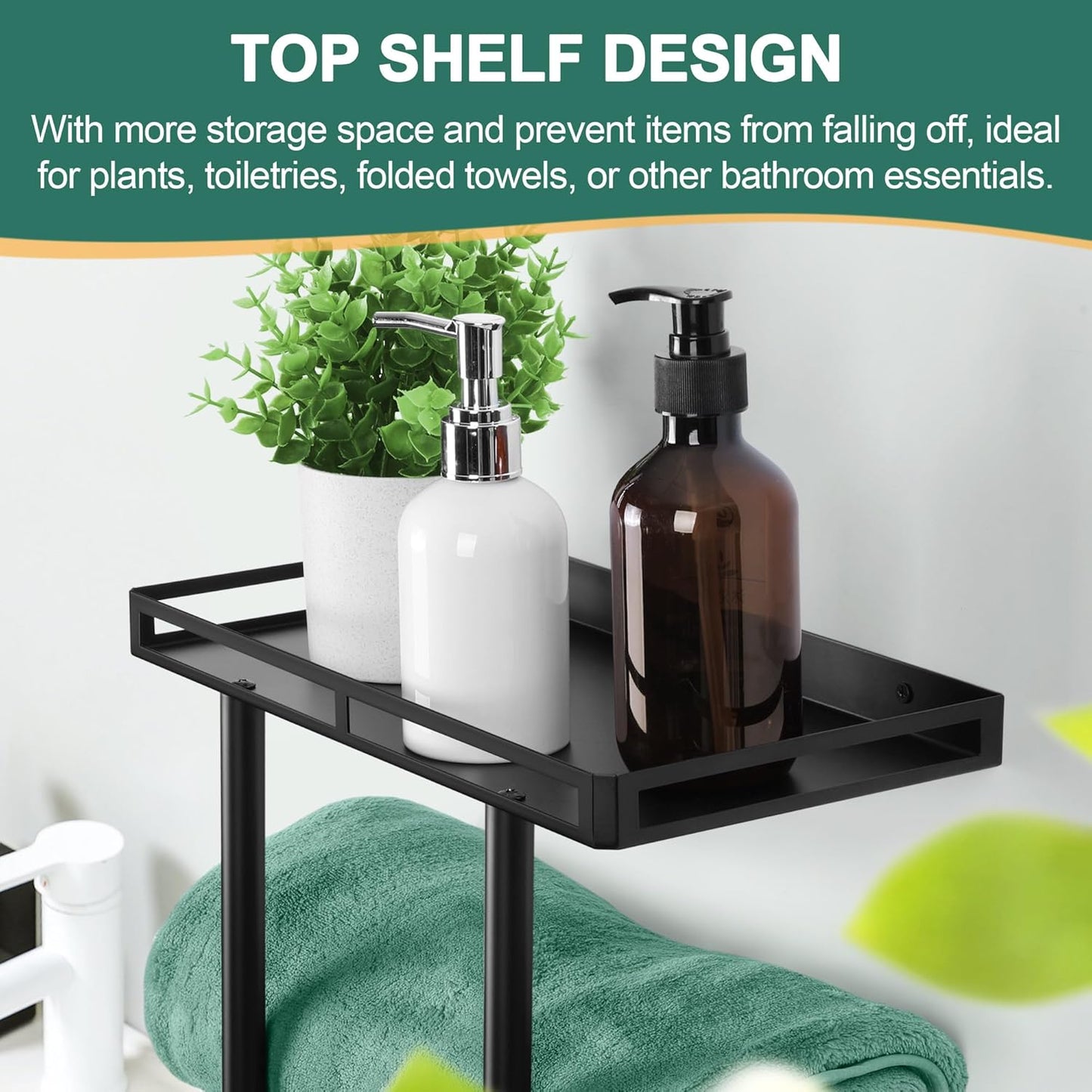 Towel Racks for Bathroom, Vesteel Wall Mounted Towel Rack with Metal Shelf and 3 Hooks, 15 Inch Rolled Towel Holder Bath Storage Organizer, Vertical Rack for Small Space Bathroom Wall Decor, Black