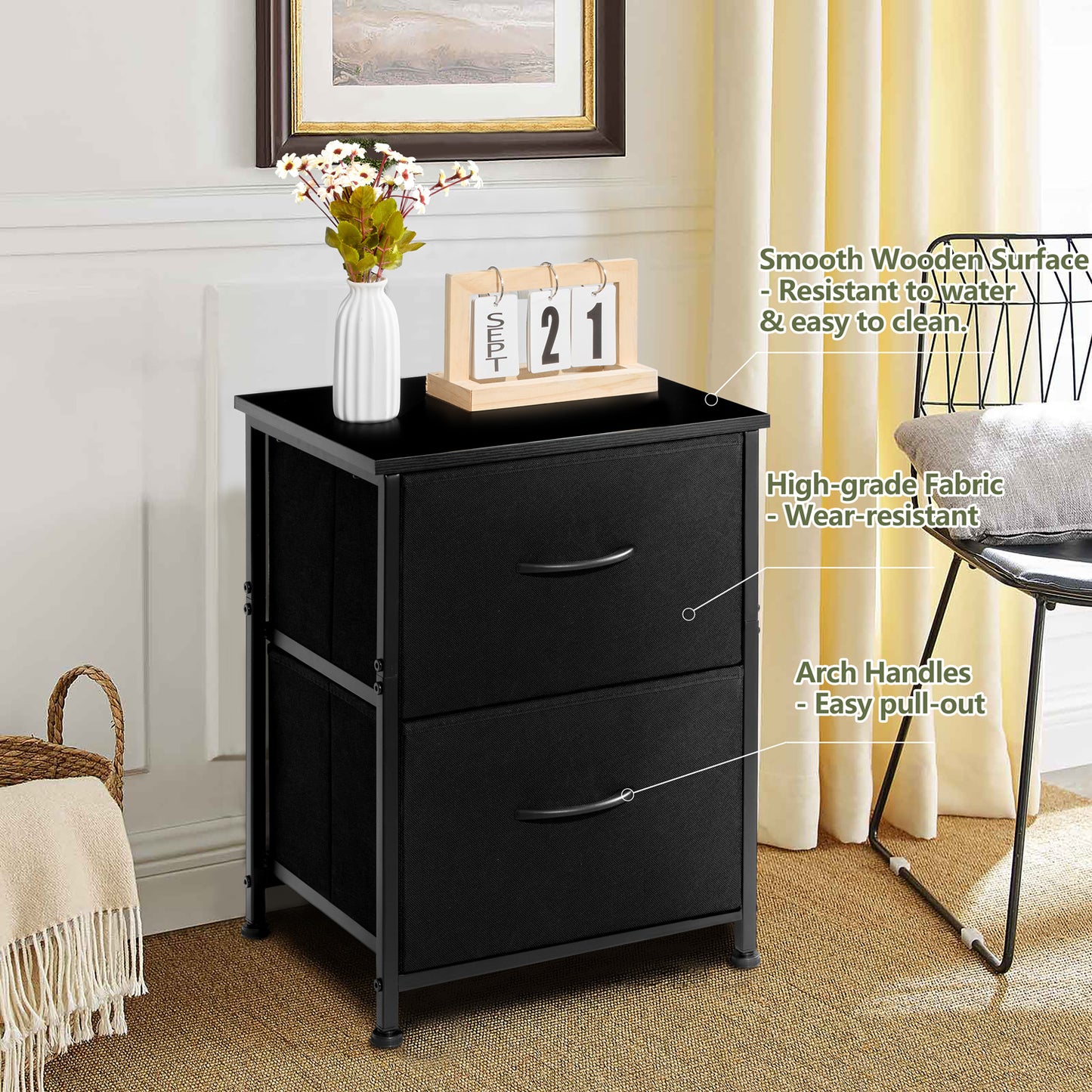 Vesteel Nightstand, 2 Drawers Dresser with Wood Top and Sturdy Steel Frame, Fabric End Table Bedside Furniture Dresser for Bedroom Closet Dorm - Black