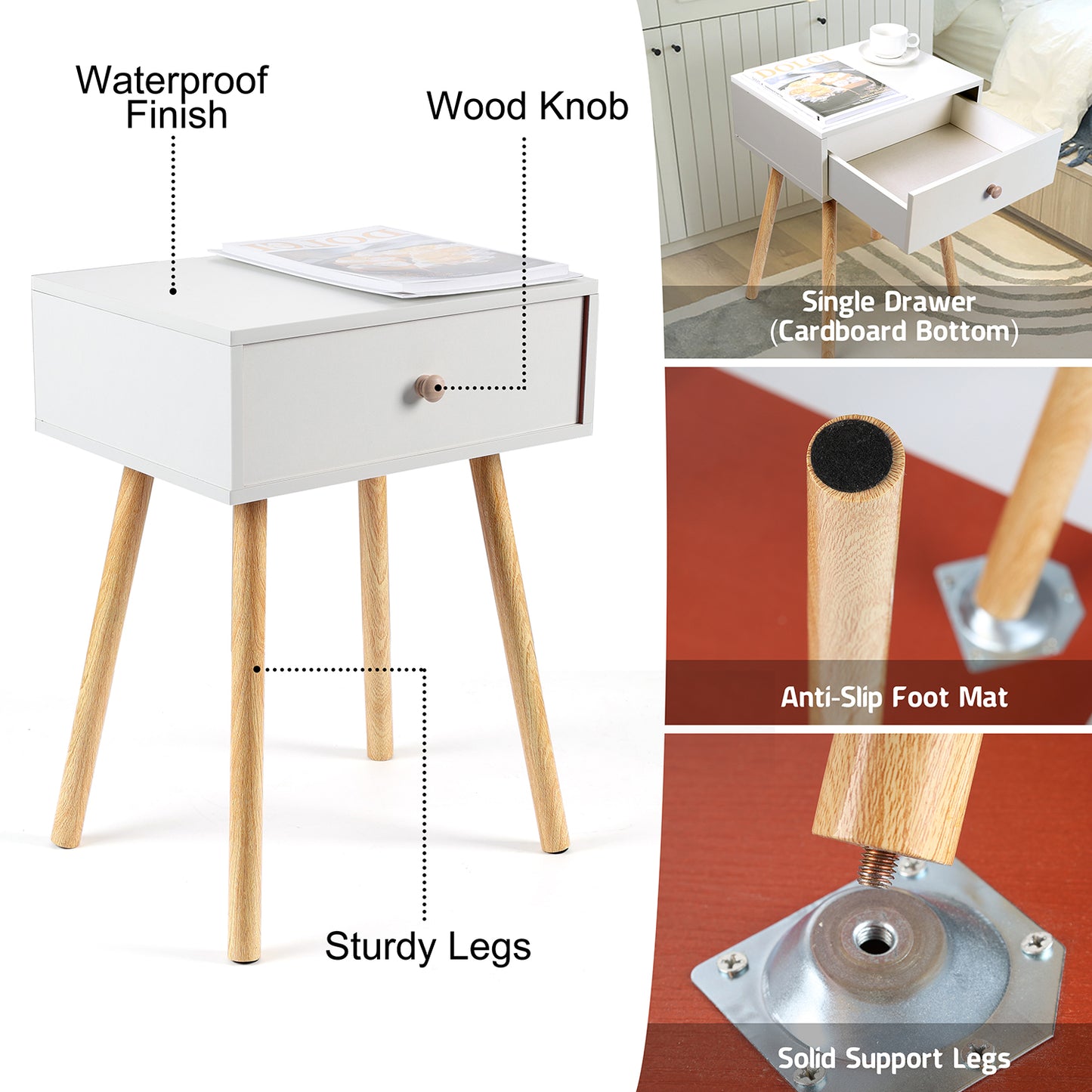Vesteel Nightstands Set of 2, Modern End Table with Drawer, White Bedside Furniture Dresser for Bedroom, Living Room