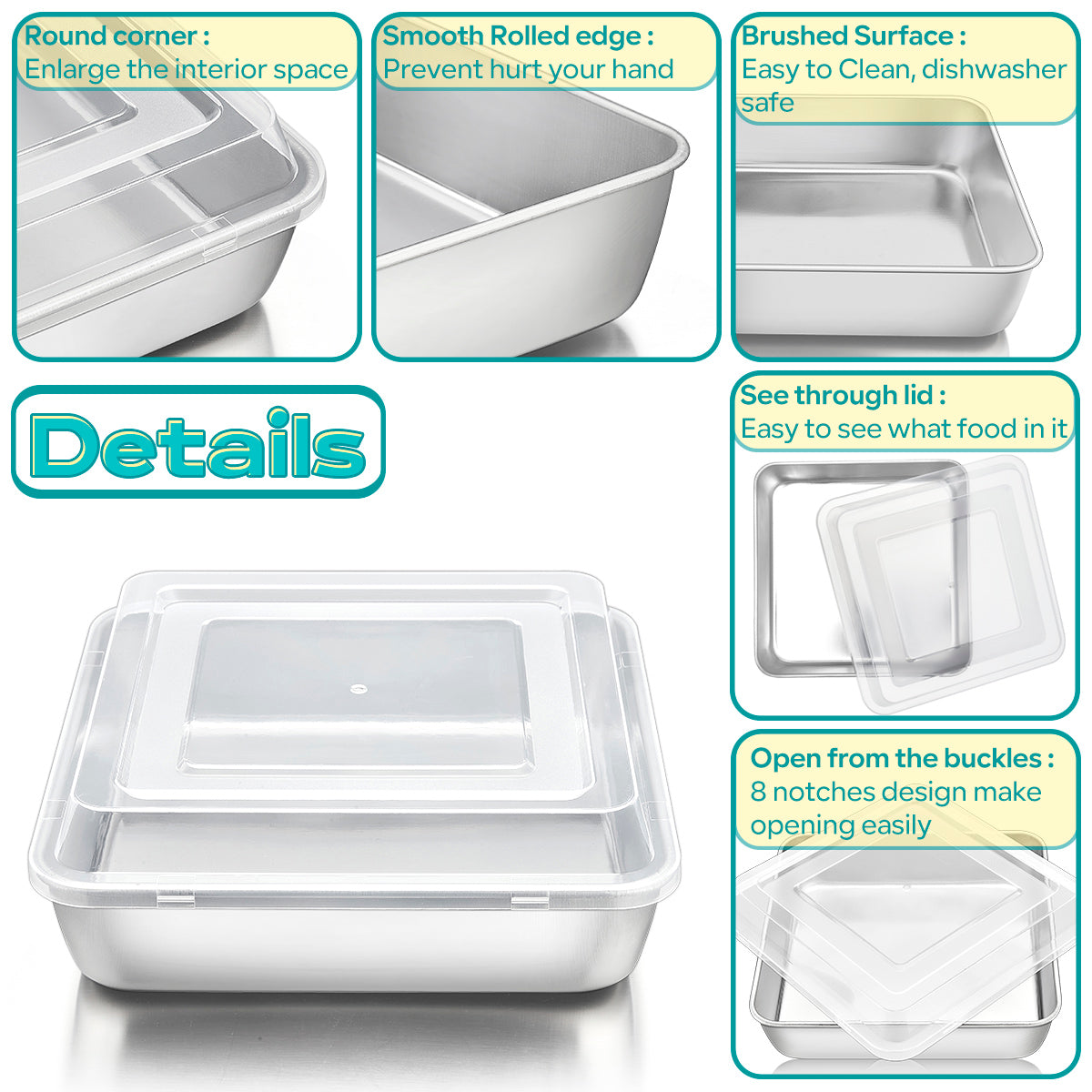 9 inch Square Cake Pan with Lid, Vesteel Non-Stick Stainless Steel Rectangle Brownies Baking Pan Set of 4, Non-Toxic & Warp Resistant, Rust Free & Dishwasher Safe (2 Pans + 2 Lids)