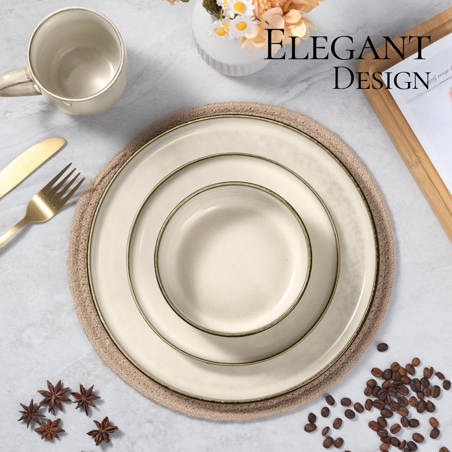 Vesteel Dinnerware Sets for 4, 16-Piece Stoneware Dish and Bowls Set, Handmade Reactive Glaze Coupe Plates Set, Chip & Scratch Resistant - Khaki