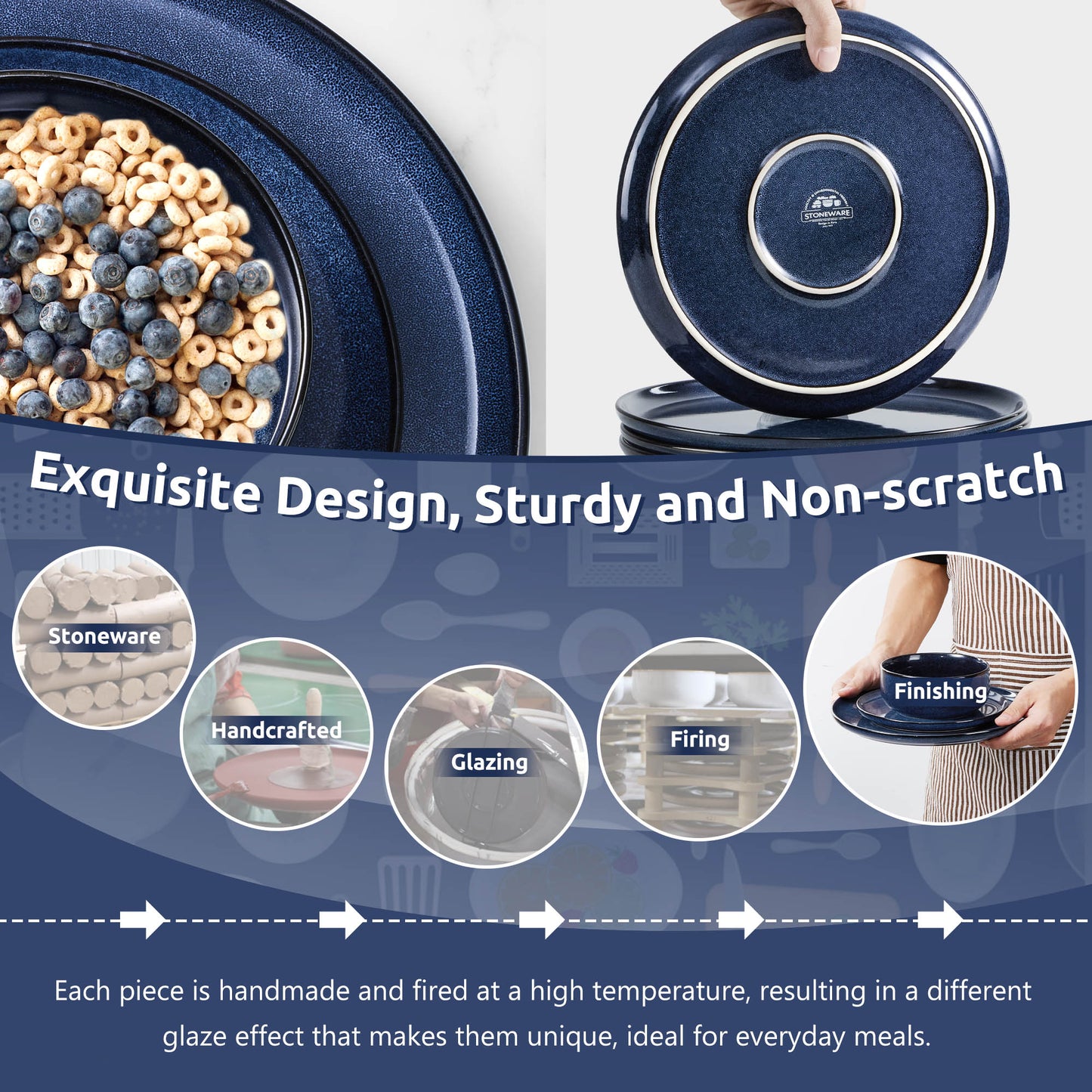 Onader 12 Piece Stoneware Dinnerware Sets, Plates and Bowls Dish Set for 4, Speckled Kitchen Dining Plates and Bowls, Dishwasher & Microwave Safe - Starry Sky Blue