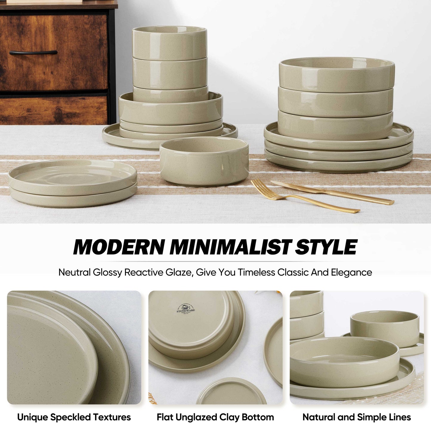 Vesteel 16 Pieces Dinnerware Sets, Premium Stoneware Dishes Set for 4, Speckled Plates and Bowls Set for Home Restaurant, Microwave and Dishwasher Safe - Khaki