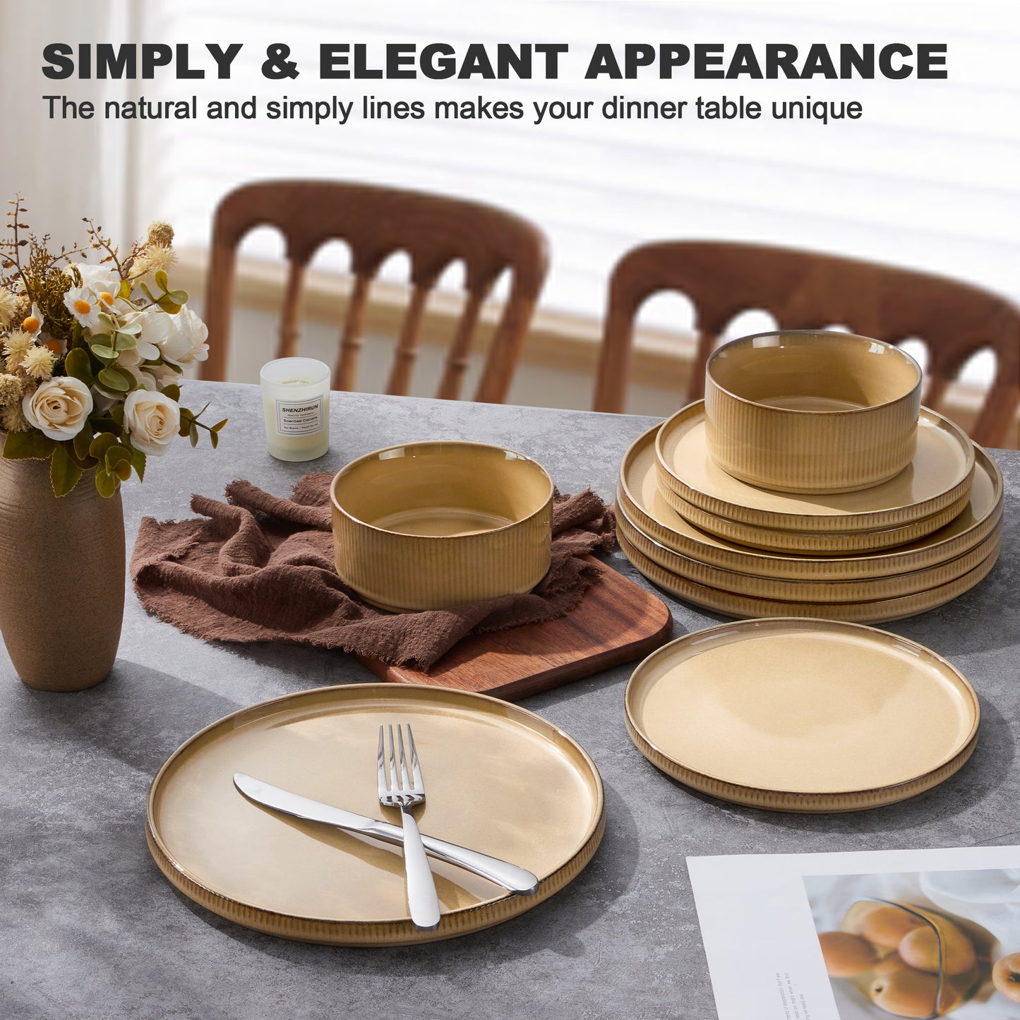 Vesteel Dinnerware Set for 4, 12-Piece Premium Stoneware Ribbed Dishes with Reactive Glaze, Chip & Scratch Resistant Plates and Bowls Set for Home Restaurant, Microwave and Dishwasher Safe - Khaki
