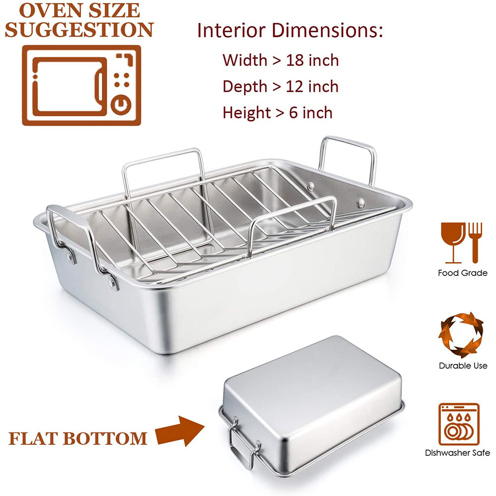 VeSteel Roasting Pan with Rack, Stainless Steel Turkey Roaster Include Deep Lasagna Pan & V-Shaped Rack & Roasting Rack, Heavy Duty & Dishwasher Safe - 17'' x 11.5'' x 5.5''