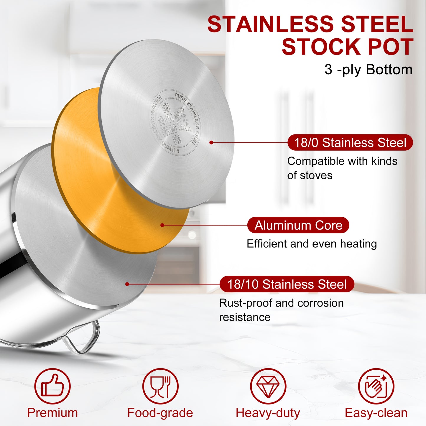 Vesteel 20 QT Stock Pot with Lid, 3 Tri-ply Stainless Steel Cooking Pot for Induction Gas Electric Stove, Big Stockpot for Cooking Soup Spaghetti, Dishwasher Safe