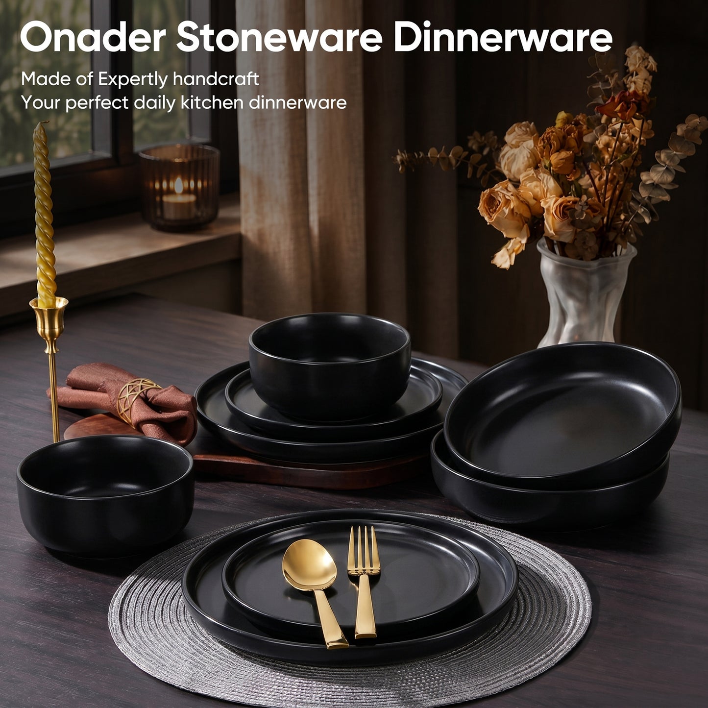 Onader 8-Piece Dinnerware Set, Ceramic Plate and Bowls Set for 2, Scratch Resistant Tableware Dishes Set for Kitchen Restaurant, Microwave & Dishwasher Safe - Matte Black