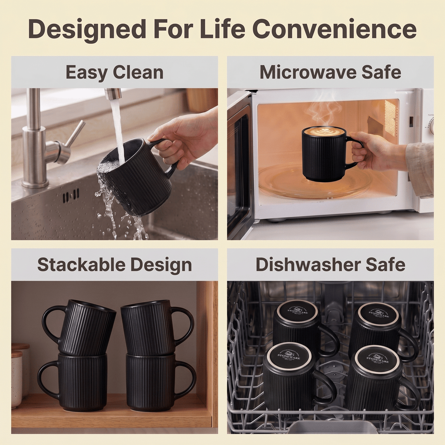 Onader 4-Pieces Coffee Mugs Set, Water Cups with Large Handle, 12 oz Ceramic Mugs Suitable for Tea Milk Latte, Stain-Resistant & Microwave Safe, Matte Black