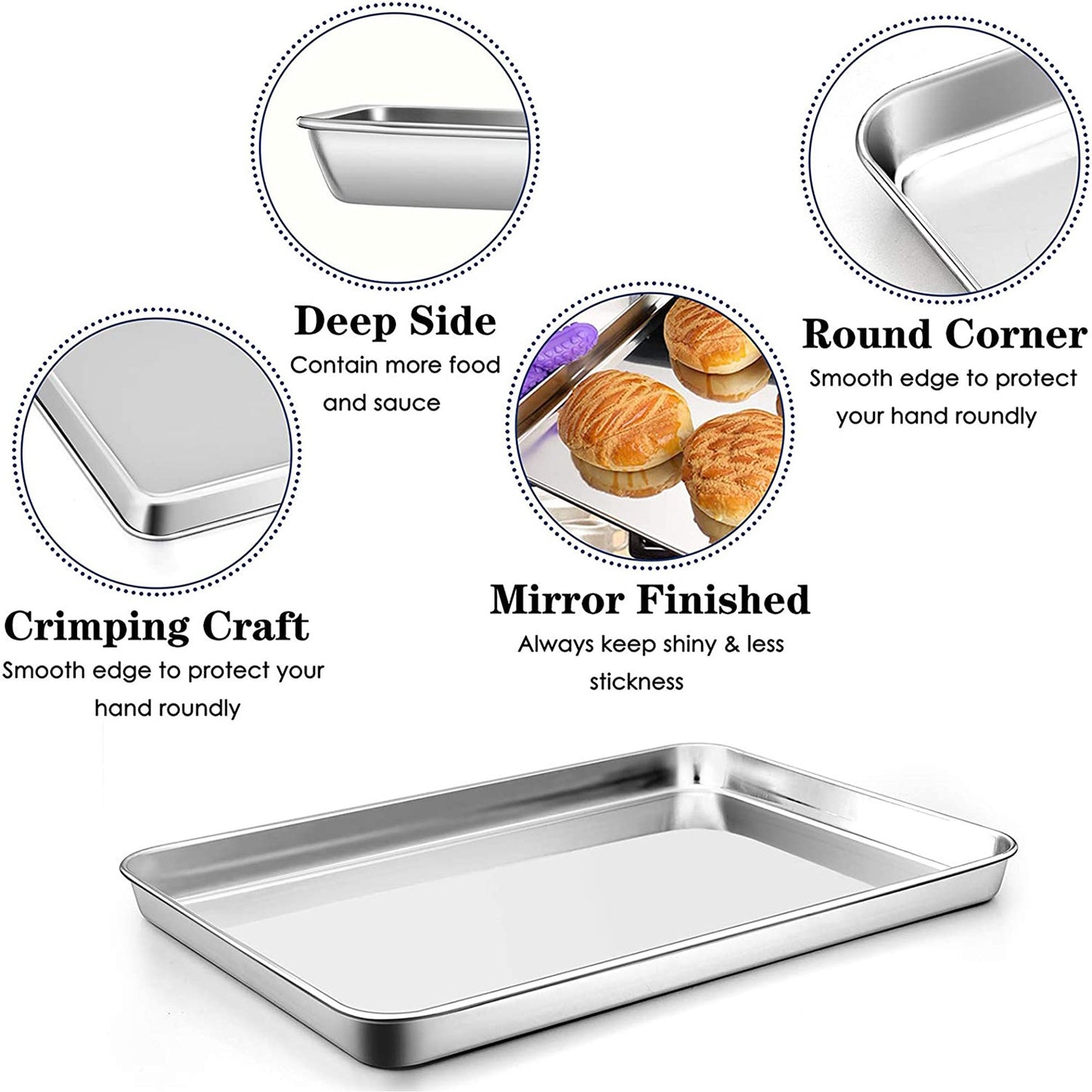 Vesteel Baking Cookie Sheet Set of 2, Stainless Steel Rectangle Baking Pan Oven Tray - 10 x 7.8 x 1 inches