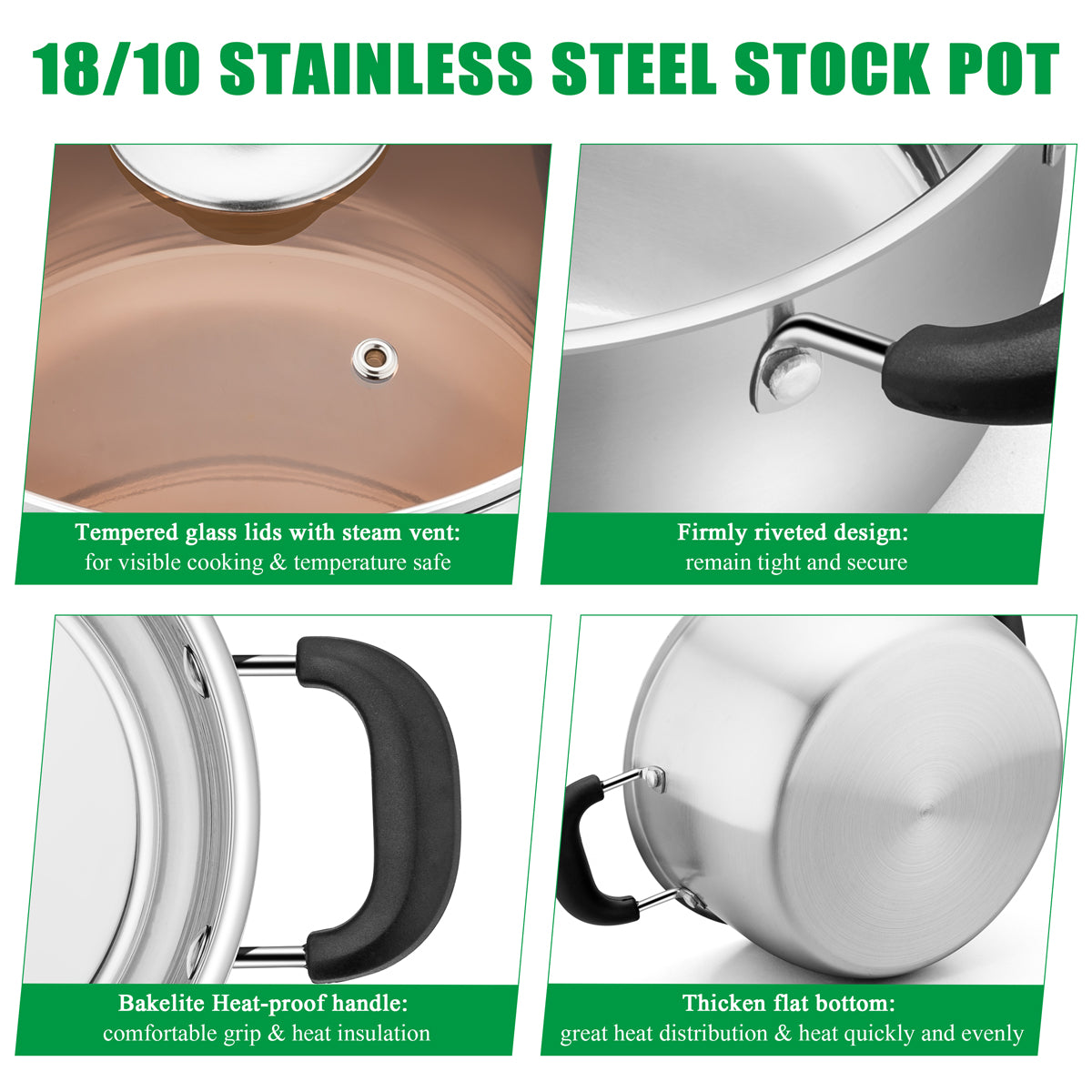 Vesteel 6 Quart Stock Pot, 18/10 Stainless Steel Metal Pasta Soup Pot with Glass Lid for Cooking, Double Heat-Proof Handles, Heavy Duty & Dishwasher Safe
