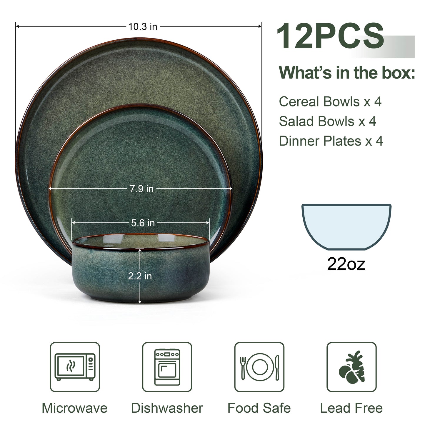 Vesteel Dinnerware Sets for 4, 12-Piece Stoneware Dish and Bowls Set, Handmade Reactive Glaze Coupe Plates Set for Family, Chip & Scratch Resistant - Sage Green