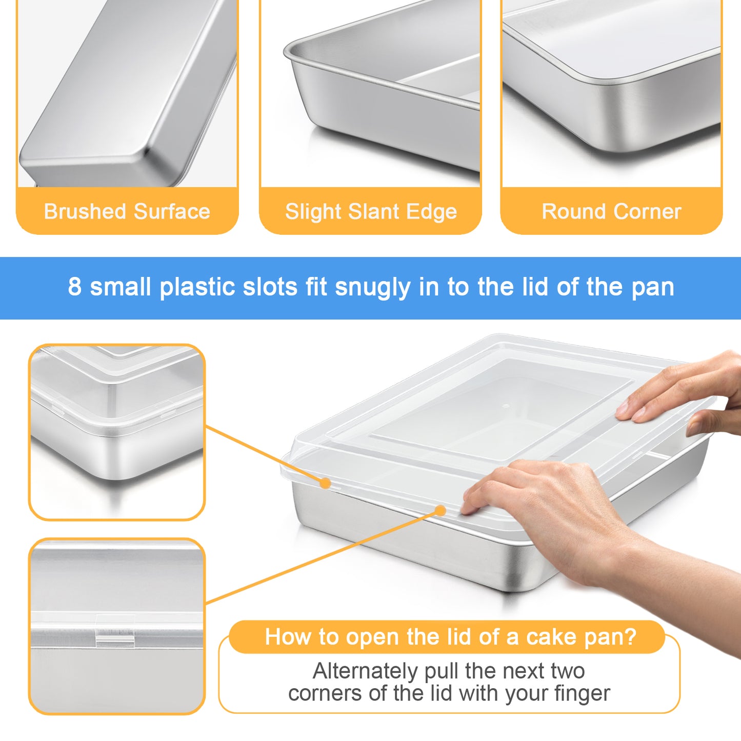 Stainless Steel Baking Pan with Lid, VeSteel 12⅓ x 9¾ x 2 Inch Rectangle Sheet Cake Pans with Covers Bakeware for Brownies Casseroles - Set of 4