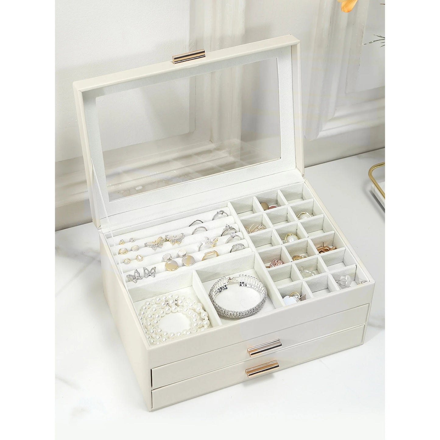 Vesteel Jewelry Box for Women Girl, 3-Layer 2 Drawer Jewelry Storage Organizer with Clear Lid for Thanksgiving Christmas, Large Jewelry Case for Rings Necklaces Earrings Watches - White