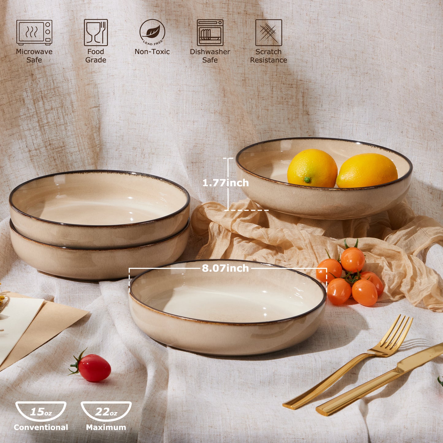 Vesteel Pasta Bowl Set of 4, 22oz Stoneware Salad Pasta Serving Bowls for Soup Dinner Cereal, Microwave & Dishwasher Safe, Khaki