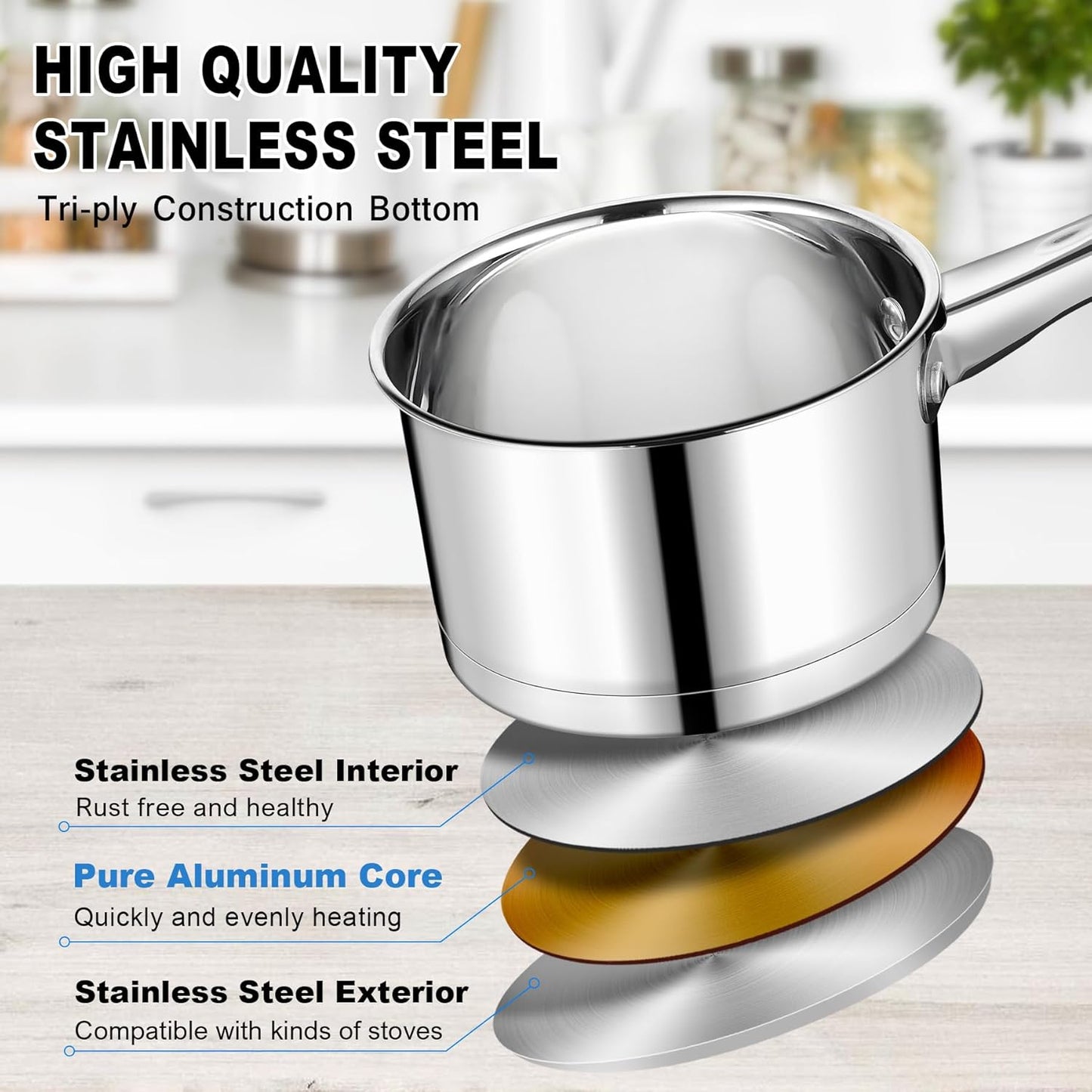 Vesteel 1QT Saucepan with Lid, Stainless Steel Milk Sauce Pan with Tri-ply Composite Bottom, Induction Cooking Pot for Making Pasta, Boiling Soup, Warming Milk, Dishwasher Safe