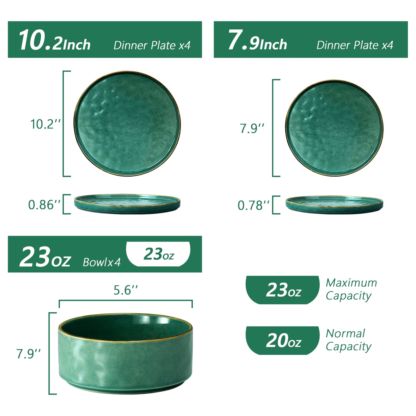 Vesteel Dinnerware Sets, 12-Piece Stoneware Plates and Bowls Set, Dishes Set for 4, Elegant Ceramic Dinnerware for Home Restaurant - Jade Green