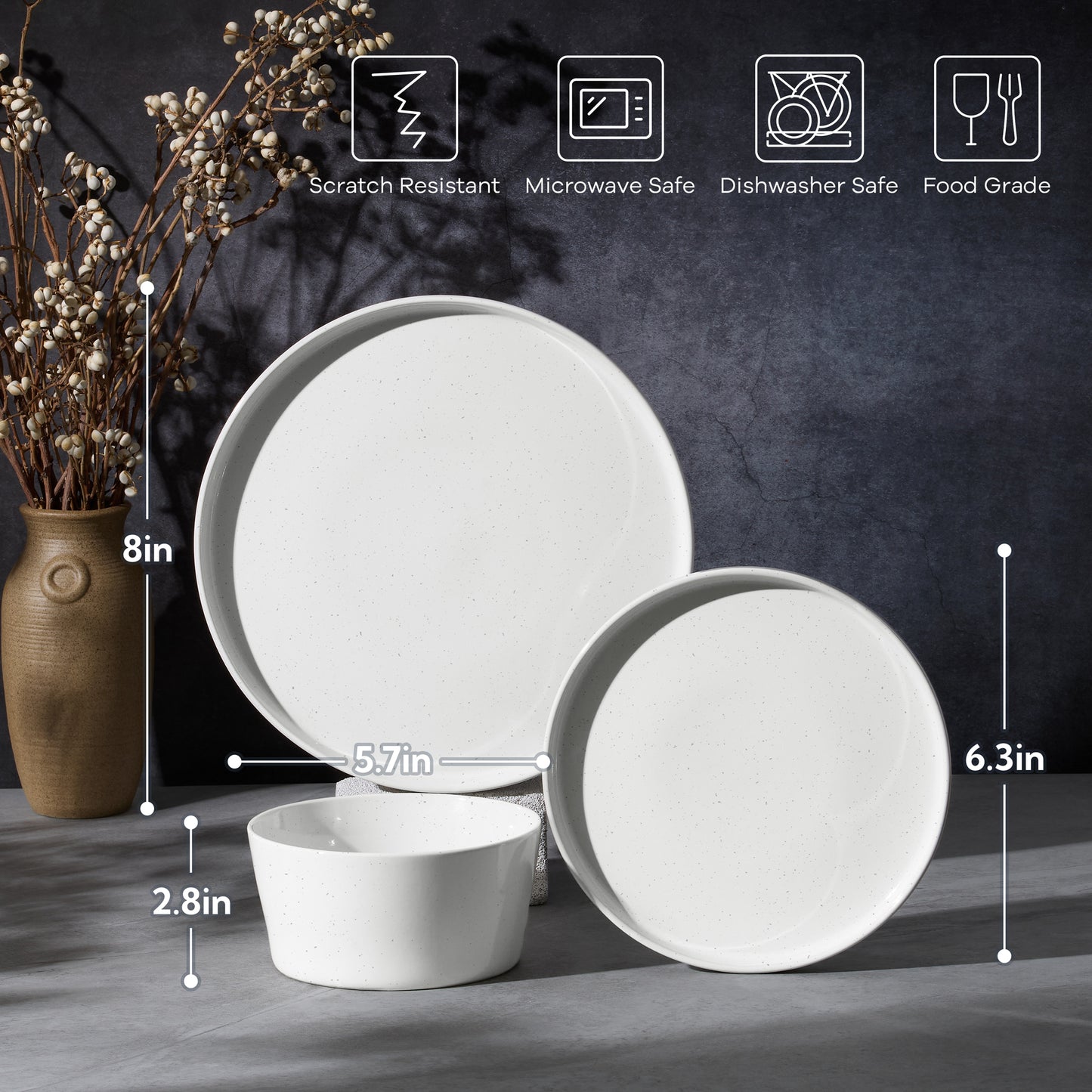 Vesteel Dinnerware Sets for 4, 12Pcs Stoneware Plates and Bowls Sets, Elegant Tableware set for Home Restaurant, Chip & Scratch Resistant Dishes Set , Speckle White