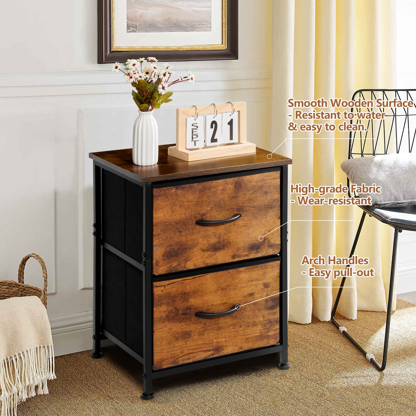 Vesteel Nightstand, 2 Drawers Dresser with Wood Top and Sturdy Steel Frame, Fabric End Table Bedside Furniture Dresser for Bedroom Closet Dorm - Rustic Brown