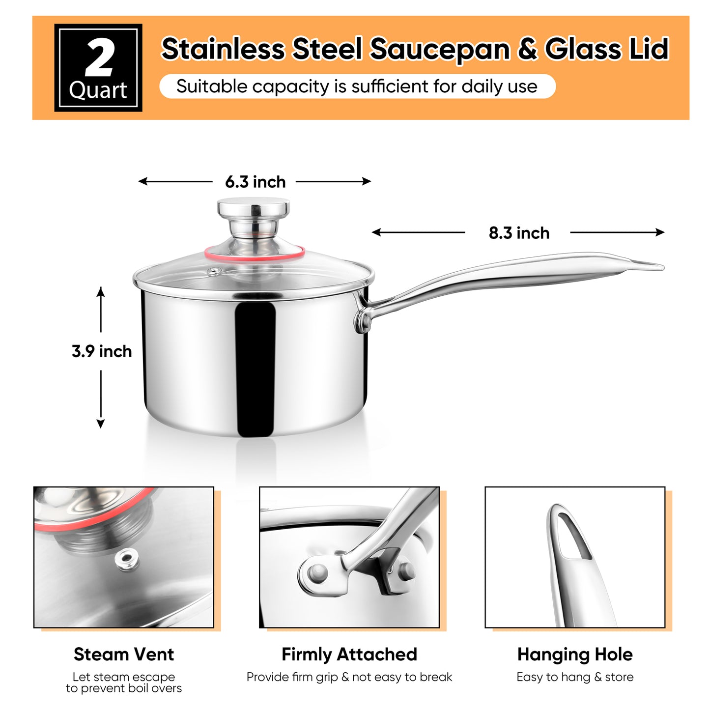 Vesteel 2 Quart Saucepan with Lid, Tri-Ply Stainless Steel Sauce Pan, 2qt Small Induction Cooking Pot with Ergonomic Handle, Small Pan for Making Sauce, Warming Milk, Boiling Eggs, Dishwasher Safe