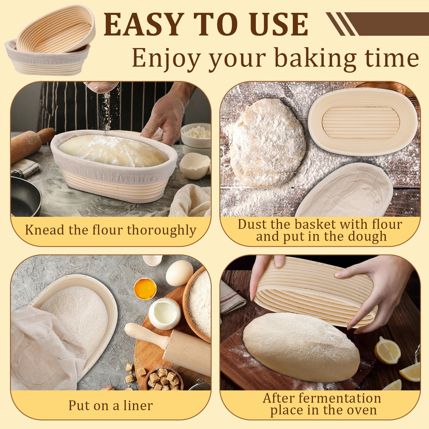 Vesteel Bread Proofing Basket Set of 3, 10” Oval Banneton Bread Baking Baskets with Liner, Baking Supplies Tools Included for Fermenting Baking Dough