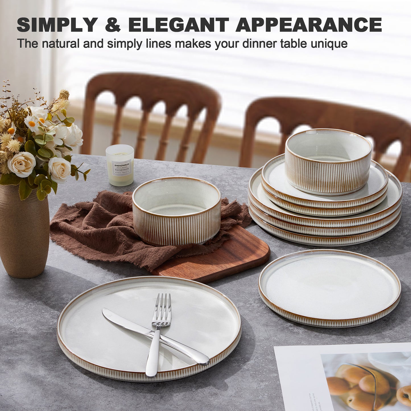 Vesteel Dinnerware Set for 4, 12-Piece Premium Stoneware Ribbed Dishes with Reactive Glaze, Chip & Scratch Resistant Plates and Bowls Set for Home Restaurant, Microwave Safe - Cappuccino White