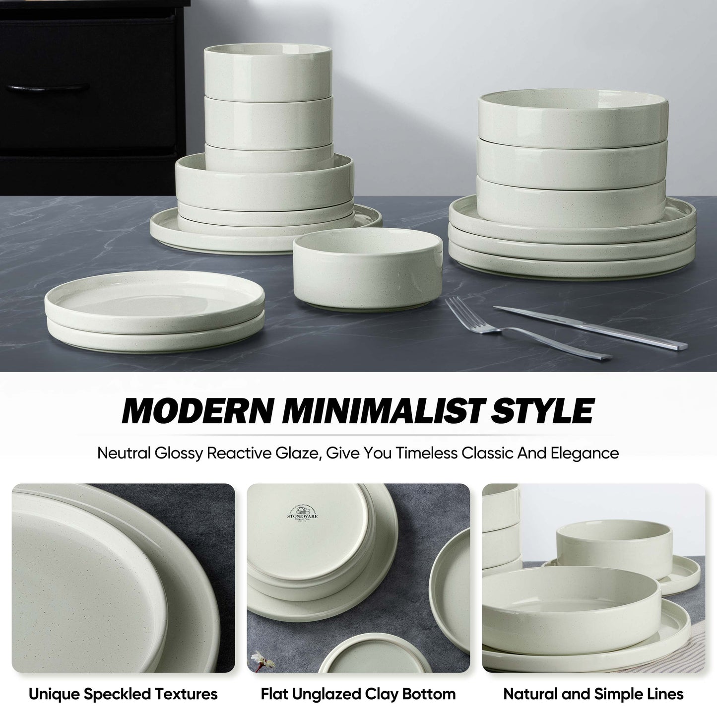 Vesteel 16 Pieces Dinnerware Sets, Premium Stoneware Dishes Set for 4, Speckled Plates and Bowls Set for Home Restaurant, Microwave and Dishwasher Safe - Off-white
