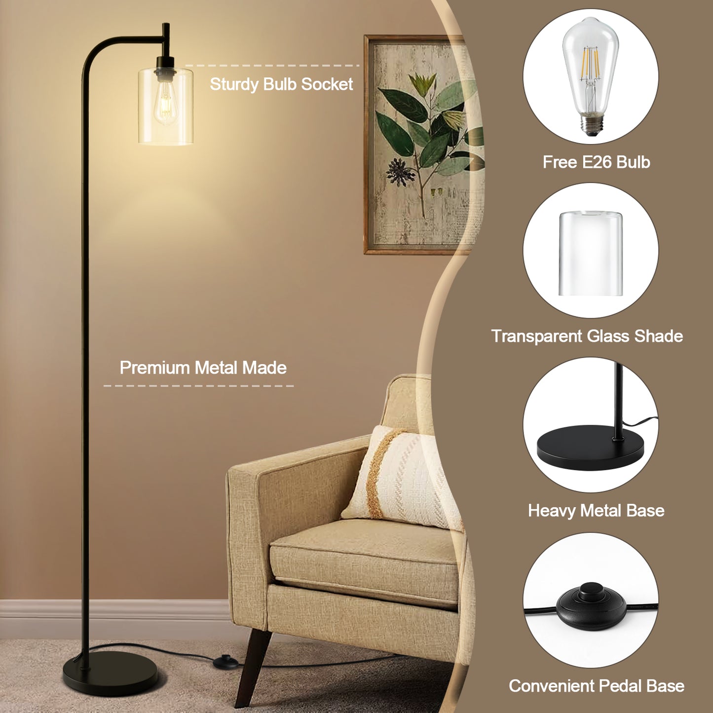 Vesteel Floor Lamp for Living Room, Standing Lamp with 6W LED Bulbs & Glass Lampshade, Industrial Metal Tall Lamp for Bedroom Office Dorm, Foot Pedal Switch & Heavy Base
