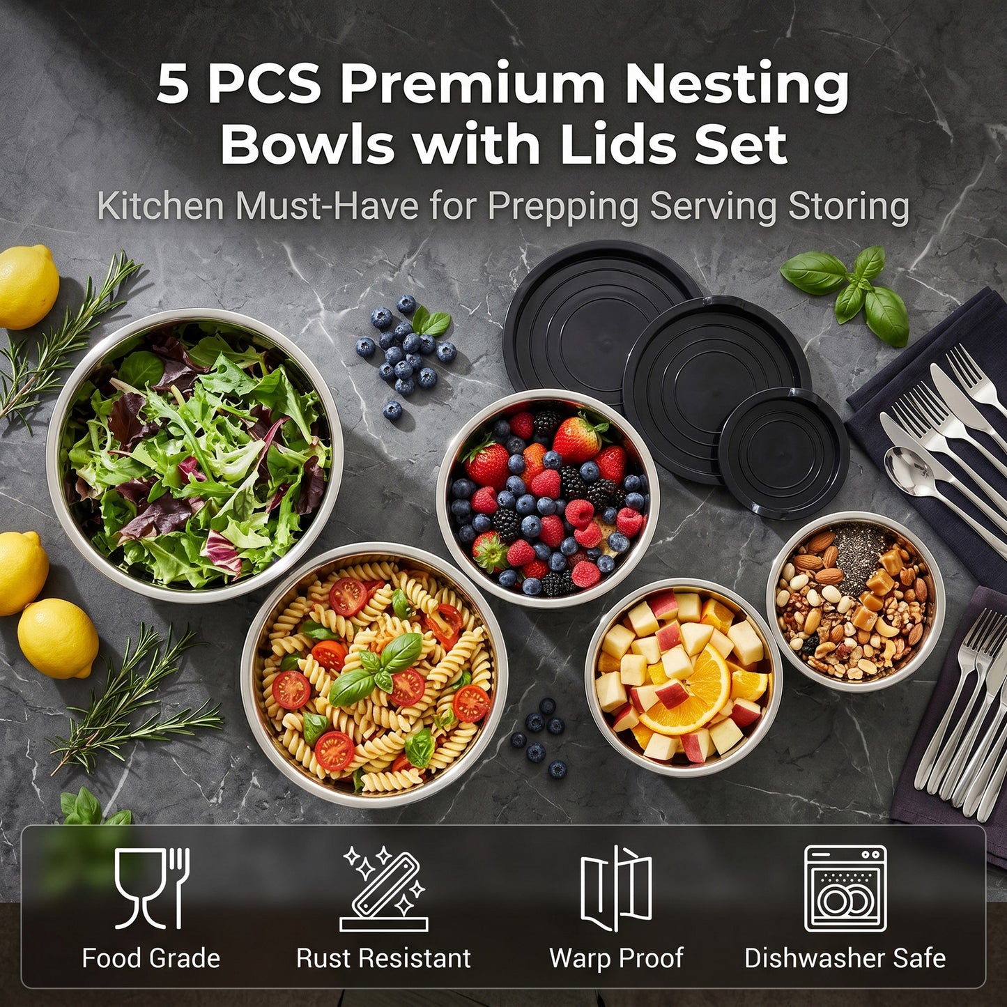 Vesteel Stainless Steel Mixing Bowls, 5 Piece Metal Nesting Bowls with Airtight Lids, Stackable Salad Bowls for Baking, Prepping & Serving, Dishwasher Safe, 5/3/1.7/1.2/0.8 QT, Black