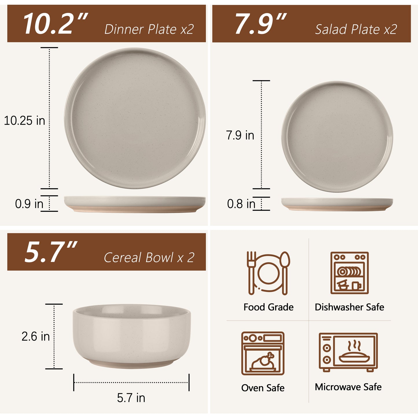 Vesteel Stoneware Dinnerware Sets for 2, 6 Pieces Ceramic Plates and Bowls Sets, Elegant Dishes with Rustic Terracotta Base, Dishwasher & Microwave Safe, Scratch Resistant, Cappuccino Brown
