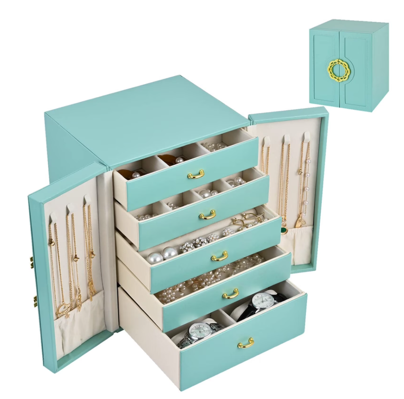 Vesteel Jewelry Box for Women Girl, 5-Layer Large Jewelry Organizer Leather Jewelry Storage Case for Rings Necklaces Earrings Watches, Perfect Gift for Thanksgiving Christmas (Blue)