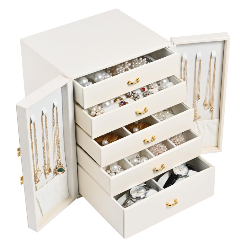 Vesteel Jewelry Box for Women Girl, 5-Layer Large Jewelry Organizer Leather Jewelry Storage Case for Rings Necklaces Earrings Watches, Perfect Gift for Thanksgiving Christmas (White)