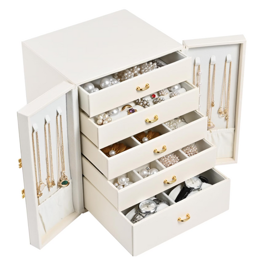 Vesteel Jewelry Box for Women Girl, 5-Layer Large Jewelry Organizer Leather Jewelry Storage Case for Rings Necklaces Earrings Watches, Perfect Gift for Thanksgiving Christmas (White)