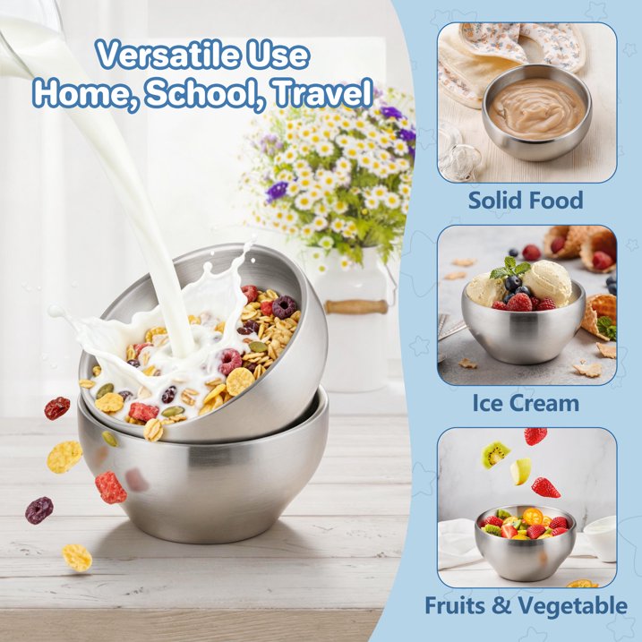 Vesteel 4-Pack Stainless Steel Kids Bowls, 12 oz Double-walled Toddlers Bowls, Insulated Metal Bowls for Dinner Lunch, Cereal, Snacks, Soup, Dishwasher Safe