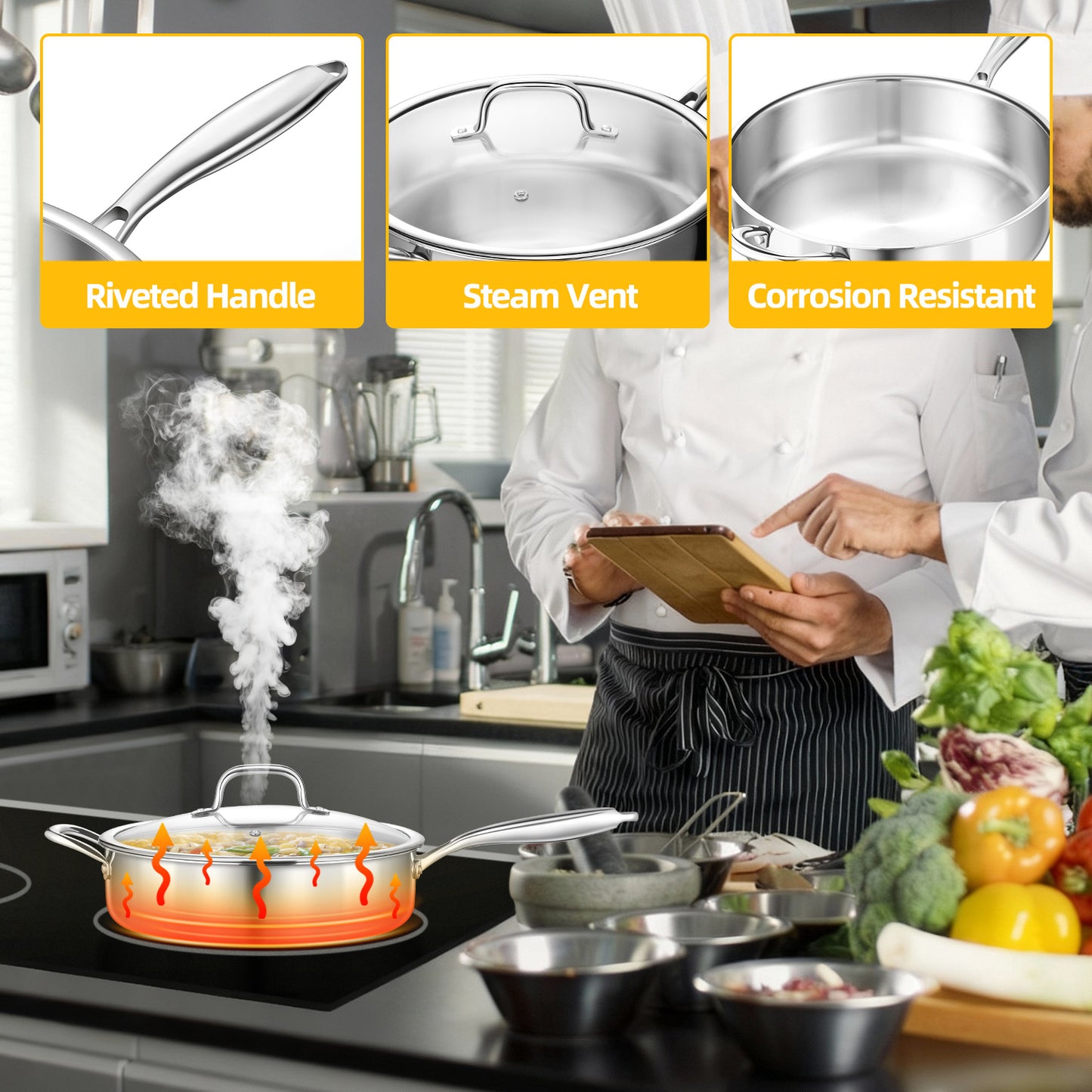 Vesteel 4.5 Quart Tri-Ply Saute Pan with Lid, 10” Stainless Steel Kitchen Skillet with Removable Handle, Healthy Non-toxic Cooking Pan, Induction Compatible & Dishwasher Safe