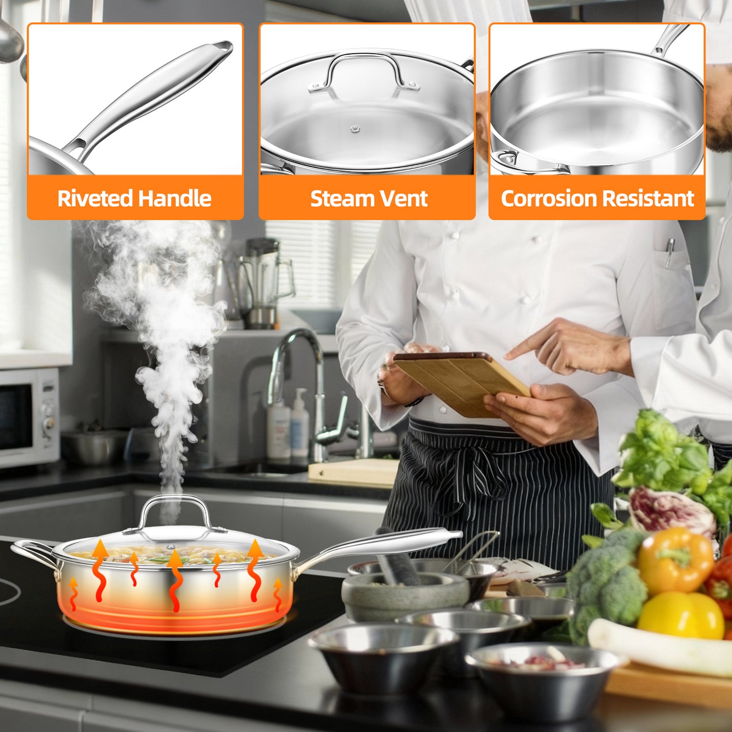 Vesteel 6 Quart Tri-Ply Saute Pan with Lid, 12” Stainless Steel Kitchen Skillet with Removable Handle, Healthy Non-toxic Cooking Pan, Induction Compatible & Dishwasher Safe